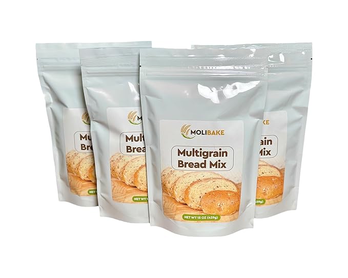 Molibake Multigrain Bread Mix – Pack of 4 – Premium All-Natural Baking Mix for Bread Machine and Oven – 15 oz – Gourmet Blend with Sunflower Seeds, Brown Flax, Pumpkin Seeds, Oat Flakes, Rye, Barley Malt, Wheat Bran – Easy-to-Use Bread Maker Mix for Ho...