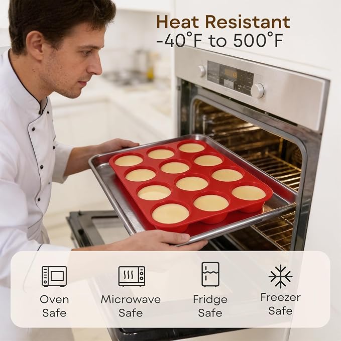 Silicone Muffin Pans for Baking Nonstick 2 Pcs, 12 Cup Regular Cupcake Pan, Food-Grade Silicone Baking Molds for Cupcakes, Egg Bites, Freezer, Red