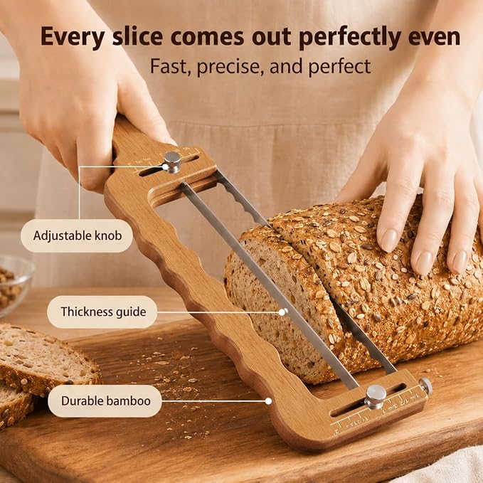 Adjustable Bread Slicer,Bread Knife For Homemade Bread,Bread Cutter for Sourdough Starter Kit,Sourdough Bread Knife with Serrated Stainless Steel Blade&Precision Thickness Guide,Gift For Bakers