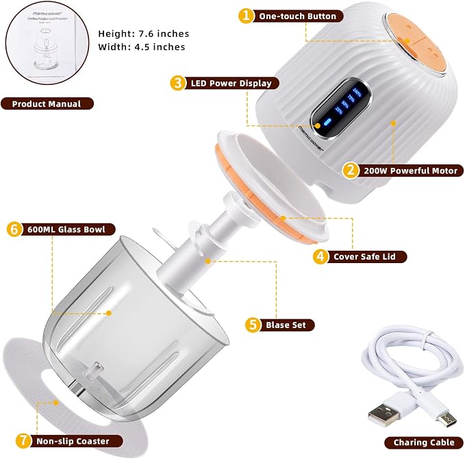 Electric Garlic Chopper 600ML, Mini USB Rechargeable Veggie Chopper, Cordless Garlic Mincer Onion Chopper Food Chopper for Ginger Chili Meat Sauce, Wireless Food Processor, White