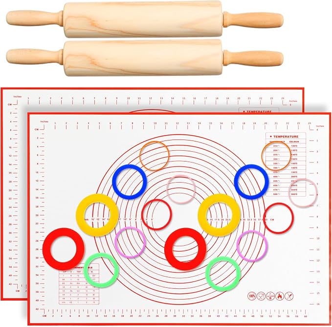 Qinyoung 20 Pcs Rolling Pin Set Include 2 Classic Wood Dough Rollers 16 Adjustable Thickness Guide Rings 2 Pastry Mats Non slip Silicone Baking Essentials for Fondant Pasta Bread Pizza Pies Cookies