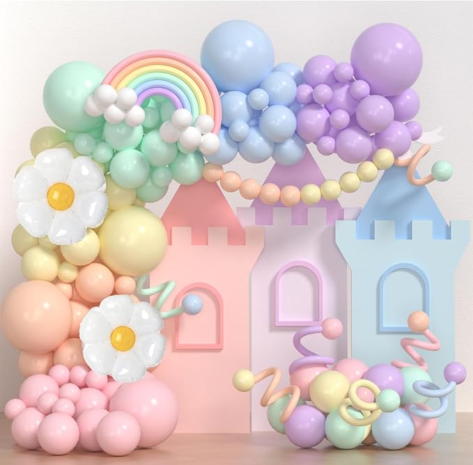 Pastel Balloon Arch Kit - 144pcs Pastel & Rainbow Balloons With Daisy Designs - Macaron Easter Arch Kit for Baby Shower, Birthday & Party Decorations