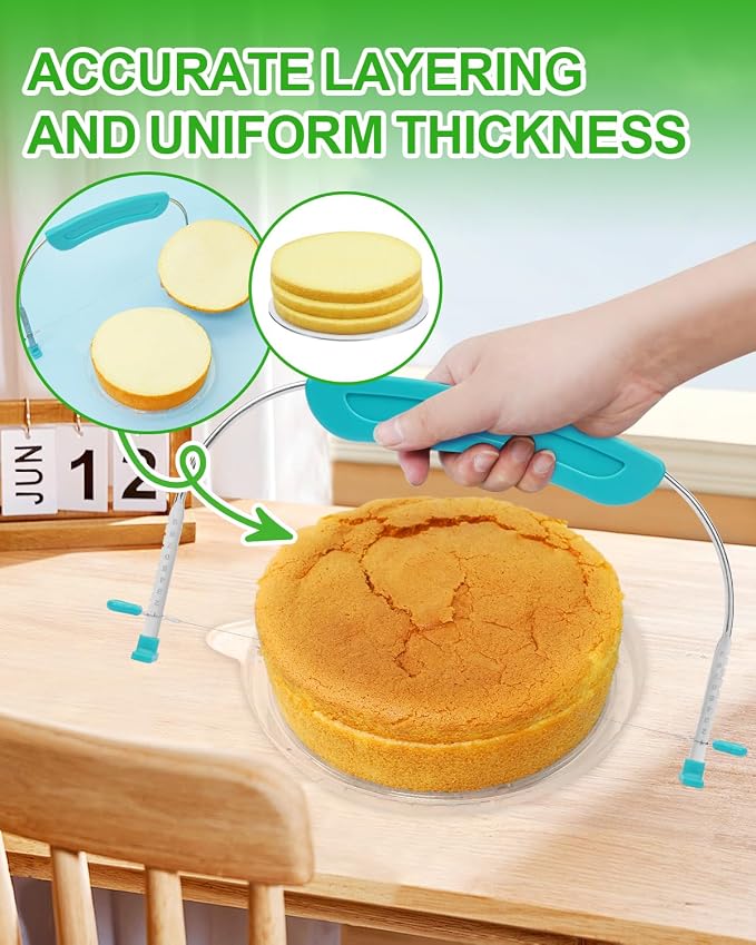 Adjustable 2- Wire Cake Slicer Leveler Small Cake Cutter Slicer for Leveling Tops of Layer Cakes Professional Baking Tool with Stainless Steel Wires and Sea Blue Handle
