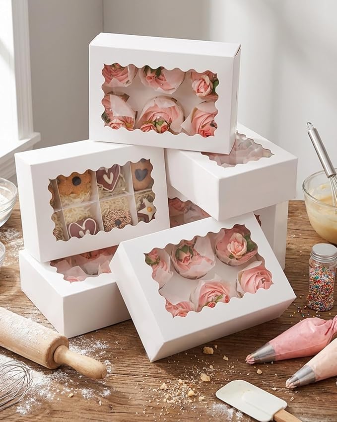 qiqee Auto-pop Up Cupcake Boxes with Window White 100PCS 6 Count Cupcake Box 9.4"x6.1"x3" Cupcakes Carrier, 6 Cupcake Containers