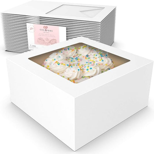 25 Pack Auto Pop-Up Cake Boxes with Viewing Window & 50 Stickers - This White 10x10x5 Bakery Boxes Container is Suitable For Cakes, Cupcakes, And Cookies - Dessert Boxes with Clear Display