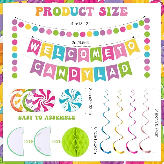 Pasimy Candy Land Party Decoration Welcome to Candy Land Banner with Colorful Honeycomb Balls Candyland Decor Garland Hanging Swirls Set Lollipop Paper Cutouts Dot for Birthday Party Supplies