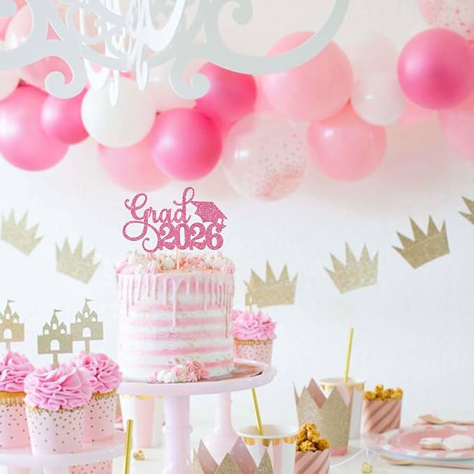 1 Pack Grad 2026 Cake Topper with Glitter Congrats Grad Cap Class of 2026 Cake Pick Decorations for 2026 Graduation Theme School Boys Girls Graduate Party Supplies Pink