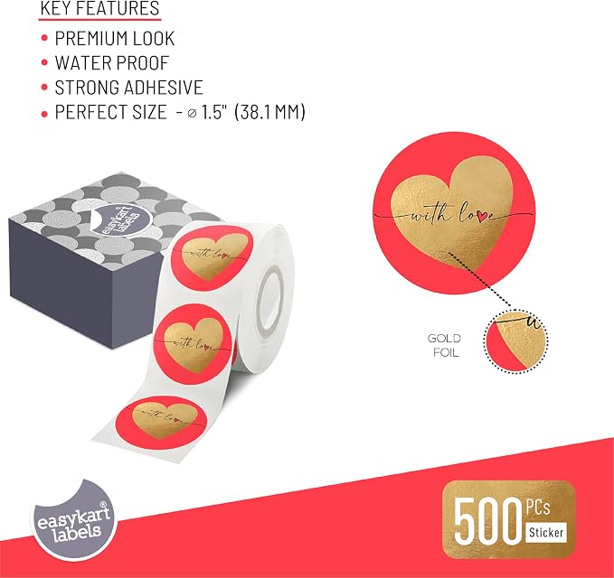 500 Love Stickers with Gold Foiling, 1.5 Inch Size Best Suitable for Anniversary, Birthday's, Valentine's Day Gifting, Decoration,Theme Parties .…