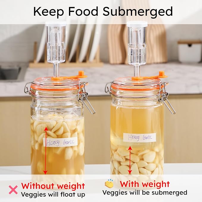 JILLMO 1 Liter Fermentation Jar, Glass Fermenting Kit with Weight for Making Sauerkraut, Hot Sauce, Mead, Cider and More, Pack of 2