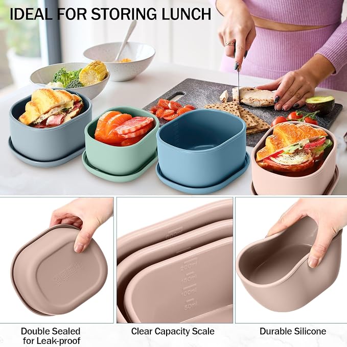 Blushtier 12 Pcs Silicone Food Storage Containers with Lids Reusable Silicone Snack Container 3 Size Silicone Lunch Box Bento with Lids Freezer Dishwasher Safe,6.7oz, 10oz, 20oz(Mo Landi Color)
