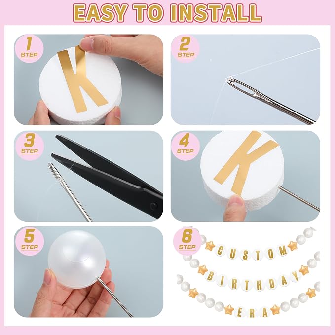 Simgoing 103 Pcs DIY Giant Friendship Bracelet Lei Kit Extra Large Beads Garland Jumbo Birthday Friendship Banner Kit Famous Singer Customizable Party Decor for Classroom(Gold and White)