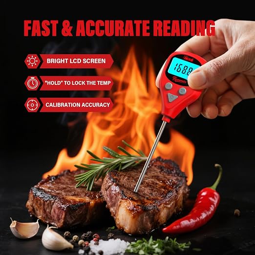 AWLKIM Digital Meat Thermometer with Dual Probes, Wine Red - Instant Read Food Thermometer with 1m Leave-in Probe, Alarm, Backlit LCD, IP67 Waterproof & USB-C Rechargeable for Grilling, BBQ, Smoking