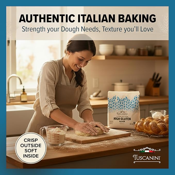 Tuscanini Italian High Gluten Flour, Premium Bread Flour, 5 lb (2.27 kg) | Ideal for Bread, Challah & Pizza Dough | Insect Free | All Natural, Pure, Presifted | Kosher