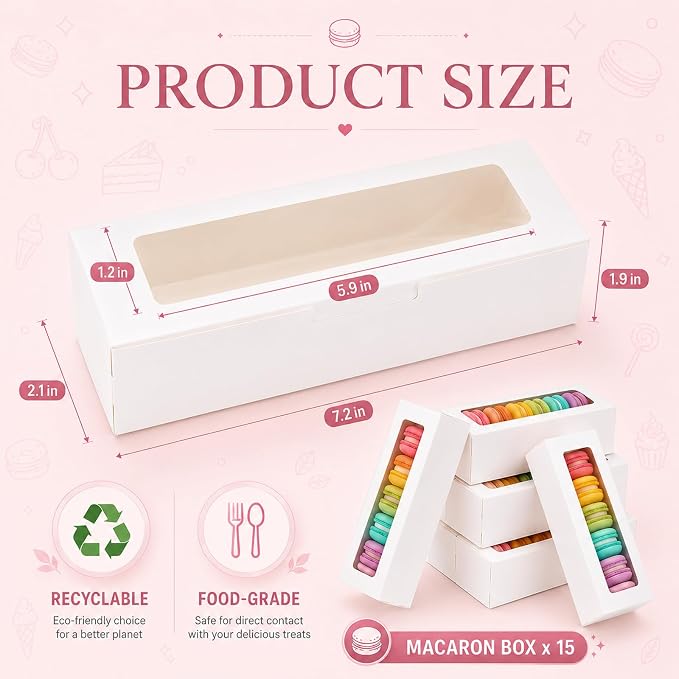 Sileasncei Macaron Box with Window, 15 Pack Sturdy Gift Boxes | Snug fit design securely holds 5–7 macarons, cookies & truffles. Great for birthdays, weddings, graduations & holidays.