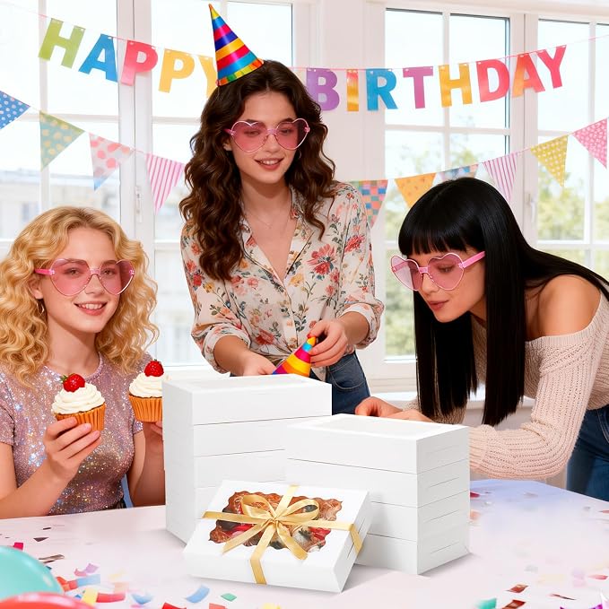 36 Pack Bakery Boxes with Window, 12x8x2.5 Inches Pastry Boxes with Ribbon and Sticks, Treat Boxes for Chocolate Covered Strawberries, Cookies, Muffins, Donuts, Breakable Hearts