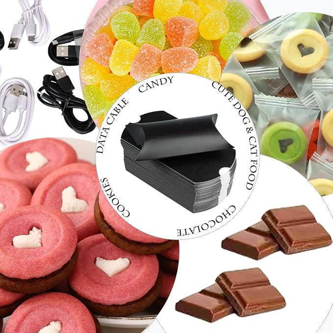 icyhey 50 Pcs Kraft Paper Pillow Gift Boxes,3.5x2.6 Inch Mini Folding Treat Boxes, Creative Favor Box Folding Treat Boxes for Bakery, Candy, Jewelry, Wedding & Party Favors(Black-1)