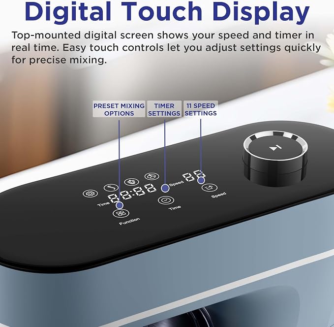 Magnavox Home, 6.3 qt Digital Touchscreen Stand Mixer, 11 Speeds, Blue