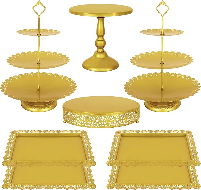 Fivenl 8 Pcs Cake Stand Gold Metal Dessert Table Display Set, 3-Tier Cupcake Stand, Cake Display Tower and Cookie Tray Rack Serving Tray for Birthday Party, Weddings, Baby Shower (Gold)