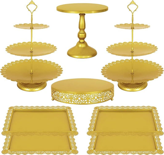 Fivenl 8 Pcs Cake Stand Gold Metal Dessert Table Display Set, 3-Tier Cupcake Stand, Cake Display Tower and Cookie Tray Rack Serving Tray for Birthday Party, Weddings, Baby Shower (Gold)