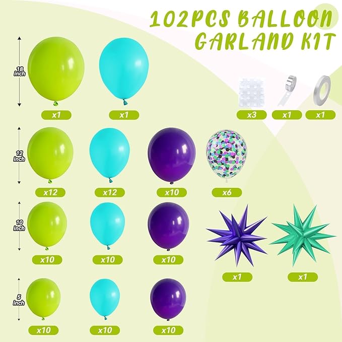 Green Purple Teal Balloon Arch Kit, Fruit Green Purple Teal Blue Confetti Birthday Balloons with Star Foil Balloons for Boy Girl Birthday Party Decorations Baby Shower Graduation Backdrop