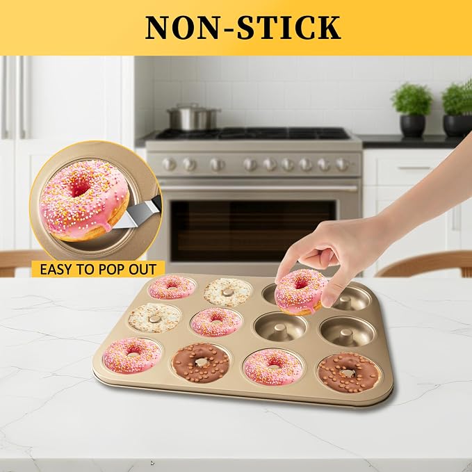 Donut Pans 2 Pack, Non-Stick 12-Cavity Donut Pan for Baking, Carbon Steel Doughnut Trays for Mini Bagels and Cake, Doughnut Bakeware Oven Baking (Gold)