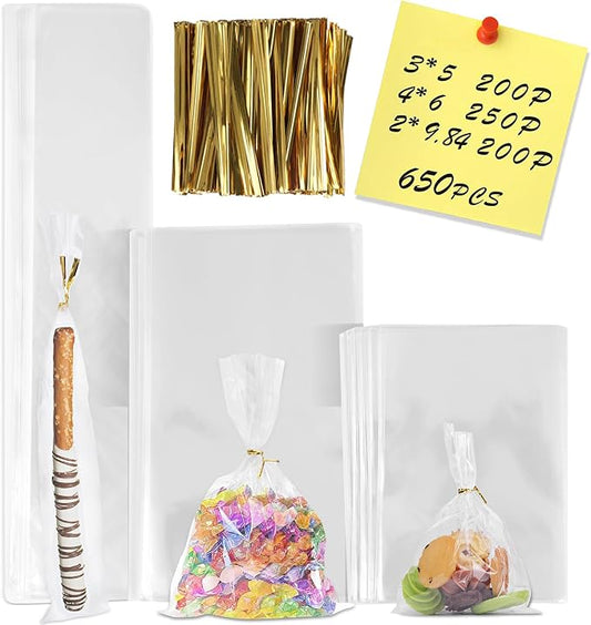 650 PCS Clear Flat Cellophane Treat Bags, 3x5",4x6",9.84x2" Cellophane Bags with Ties, Clear Gift Bags for Party Favors, Pretzel Rods, Bakery, Cookies, Candies, Dessert
