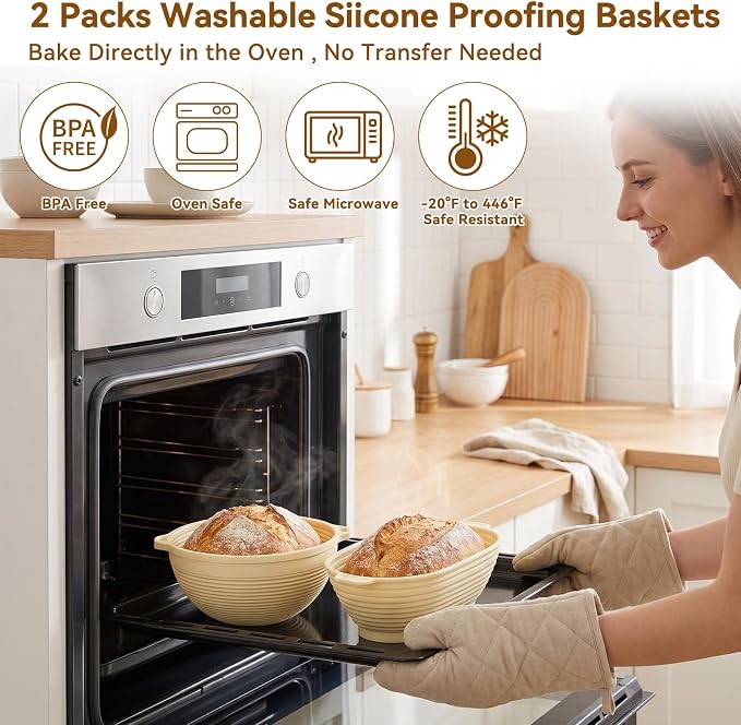 24 PCS Sourdough Starter Kit w/ 34oz Sourdough Starter Jar, Sourdough Bread Baking Supplies 9" Round & 10" Oval Silicone Banneton Bread Proofing (Yellow)