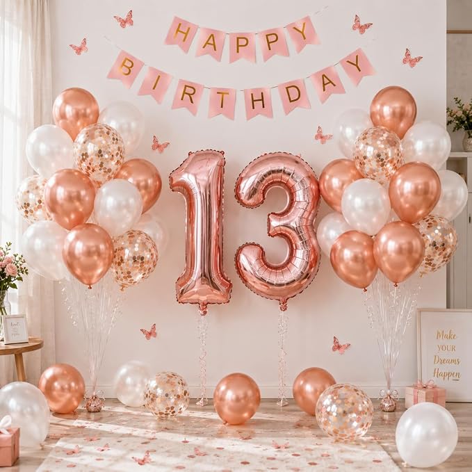 13th Birthday Decorations For Girls -Rose Gold Pearl White Balloons, 32 Inch Rose Gold "13" Balloon, 3D Butterflies Stickers, Happy Birthday Banner For Teen Girl 13th BD Decorations