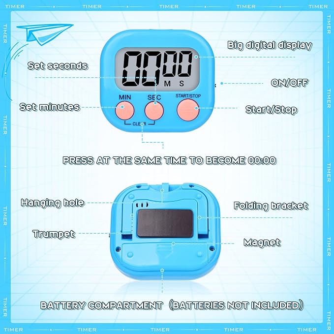 Mwellewm Digital Kitchen Timer 12 Packs Magnetic Classroom Stopwatch Timer 6 Colors Small Digital Countdown Timers for Cooking Mini Loud Alarm Stop for Kitchen Study Work Sports Games Office Clock
