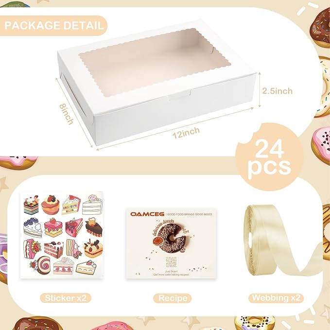 OAMCEG 24 Pack Cookie Boxes with Window, 12x8x2.5 Inch Bakery Treat Boxes for Christmas Holiday Gift Giving, Desserts, Donuts, Pastries-White