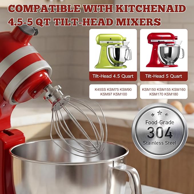 Mixer Attachments for KitchenAid 4.5-5 Qt Tilt-Head Stand Mixer, Dishwasher Safe Set with Wire Whip, Dough Hook and Flat Beater, Heavy Duty Replacement Accessories for Baking