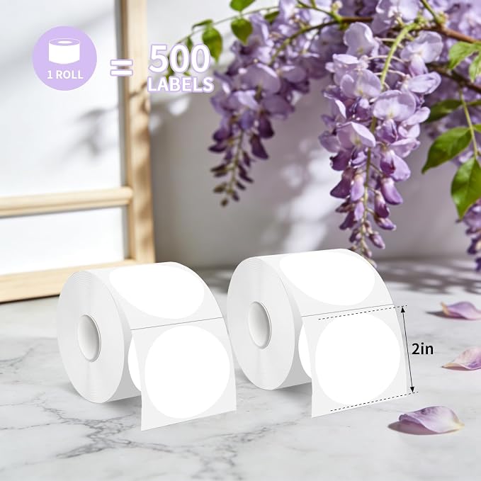 500 Labels/Roll 2" White Round Thermal Labels, Waterproof Circle Blank Thermal Sticker Compatible with Direct Thermal Label Printers for DIY Logo Designs, Thank You, Small Business