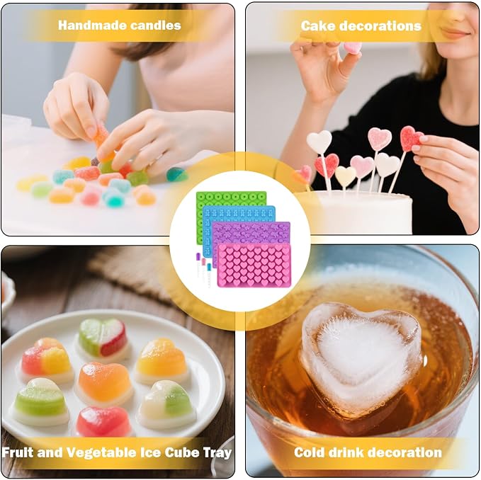 Mini Silicone Molds for Gummies & Chocolate, 4-Pack with 2 Droppers - Dinosaur, Bear, Heart, Donut Shapes - Fun Gummy Bear Molds for Kids, Fruit Snack Molds
