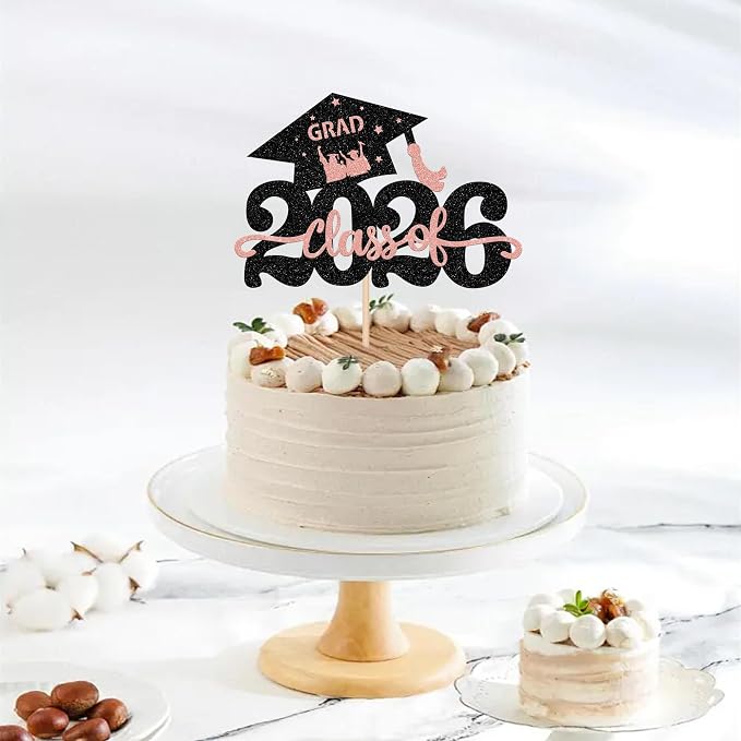 1 Pack Class of 2026 Cake Topper Glitter Congrats Grad Cap 2026 Graduation Cake Pick Decoration for 2026 Graduation Theme High School Graduate Party Cake Decorations Supplies Rosegold