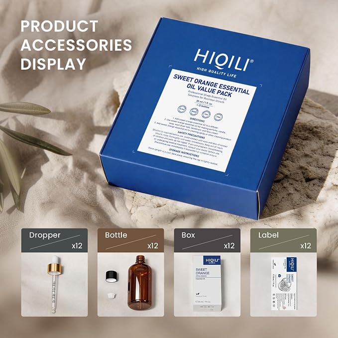 HIQILI Sweet Orange Essential Oil Set-1 fl oz (12 Pack) | Bulk Wholesale for Business, Air Freshening & Space Cleaning, DIY & Skin Care, for Hotel, DIY Studio, Gift & Household Stock