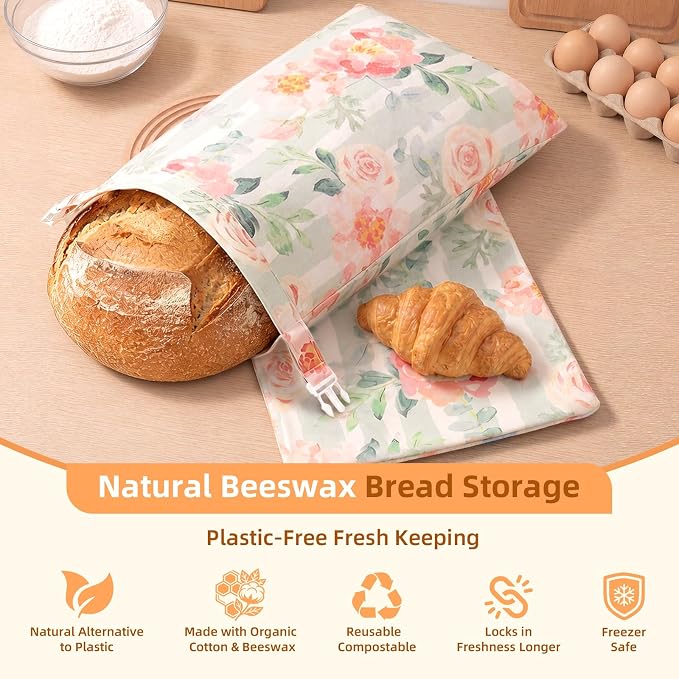 2 Pack Reusable Beeswax Bread Bags with 2 Wraps, 100% Premium Cotton Bread Storage for Homemade Bread, Keeps Sourdough & Baguettes Fresher, Easy Clean Kitchen & Travel Use