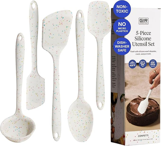 GIR 5-Piece Silicone Kitchen Utensils Set, Non-Toxic Cooking Utensils for Cooking and Baking, Heat Resistant, Food Grade, Dishwasher Safe Rubber Spatula, Ladle, Spoon - Party Confetti