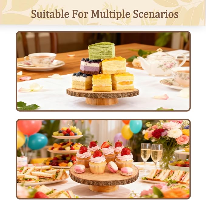 Rotating Wooden Cake Stand, 12 Inch Rustic Cake Display Stand with Cake Cutting Knife & Server Set, Round Dessert Serving Tray for Wedding, Birthday, Bridal Shower, Baby Shower & Holiday Party Decor