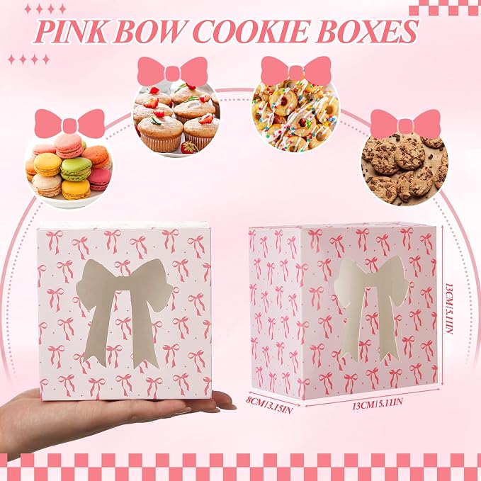 50 Pack Pink White Bow Cookie Boxes with Window 5x5x3 Inch Small Bakery Treat Boxes for Pastry Donuts Macaroon Cupcakes Tea Party Birthday Wedding Bridal Shower Favors