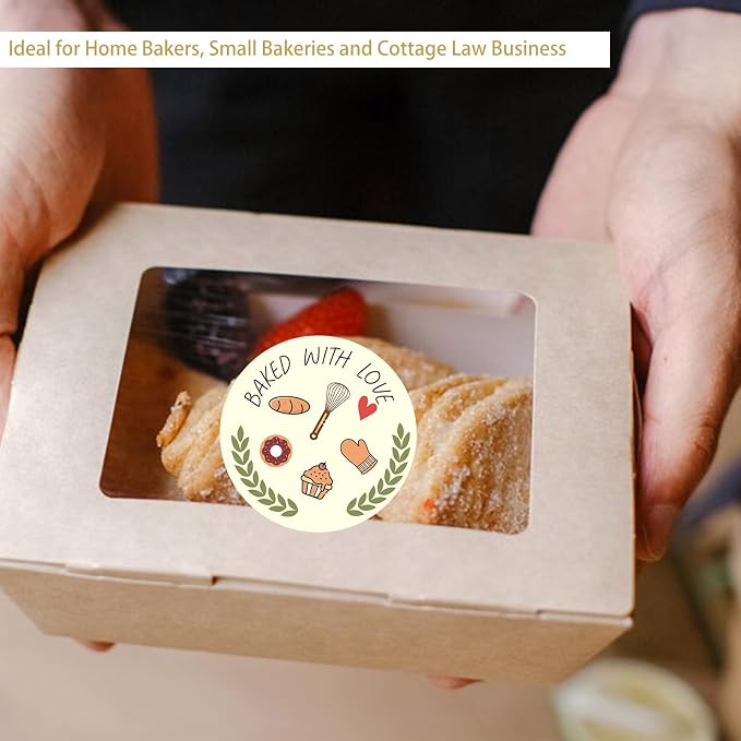 160 Pcs Baked with Love Stickers, 1.6 Inch Bakery Packaging Labels for Cottage Bakery, Cookie Bags, Bake Sale, Baking Business Essentials