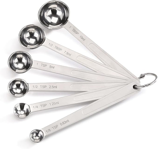 New Star Foodservice 43112 Stainless Steel Measuring Spoons, Set of 6, Round Metal Measuring Spoon Set with Ring Hook for Baking, Cooking, Spices, Wet and Dry Ingredients, Silver