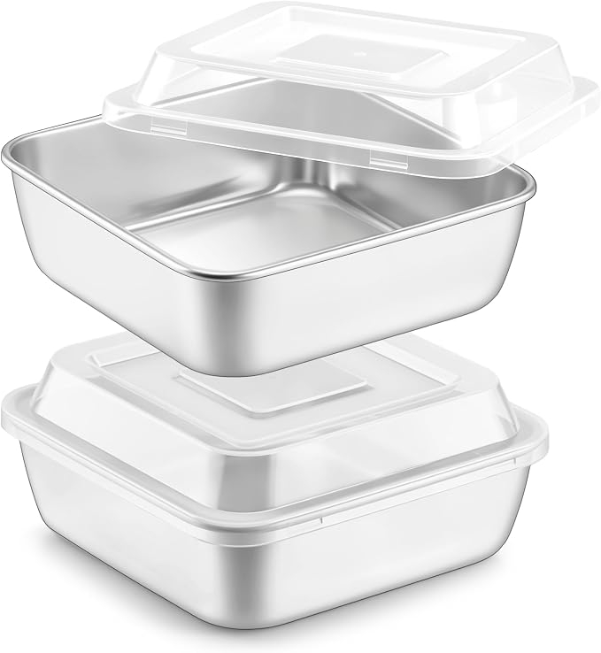 LIANYU 6 x 6 Inch Square Cake Pans with Lids, 2 Inch Deep Stainless Steel Lasagna Brownie Pan, Healthy Non-Toxic Bakeware, Dishwasher Safe (2 Pan +2 Lid)