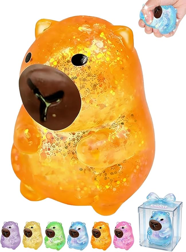 Capybara Squishy Glitter Animal Squeeze Balls Cute Capybara Stress Ball Anxiety Relief Slow Rise Adult Sensory Fidget Tool Gift Sparkling Desk Decor Collectibles Decompression Dough(Orange)