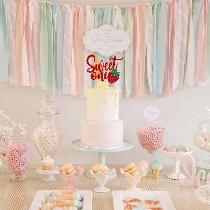 1 PCS Strawberry 1st Birthday Cake Topper Glitter Sweet One First Birthday Strawberry Cake Pick Decoration for Sweet Fruit Theme Baby Shower Kids Birthday Party Supplies Red