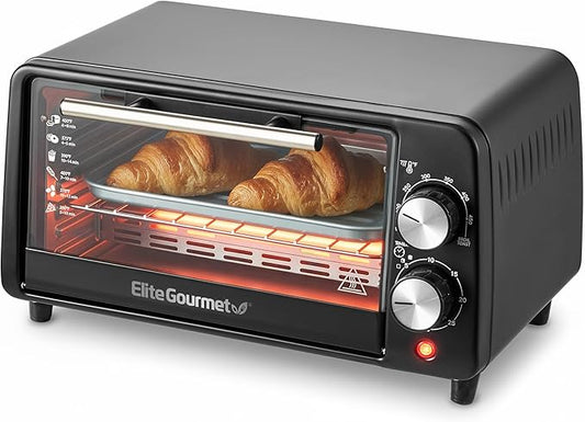 Elite Gourmet ETO449 Countertop Toaster Oven, 9.5Qt / 4-Slice Capacity, Fits 8'' Pizza, 800W Quartz Heating, 200–450°F Adjustable Temperature, 30-Min Timer, Compact Mini Oven w/Bake Pan & Rack, Black