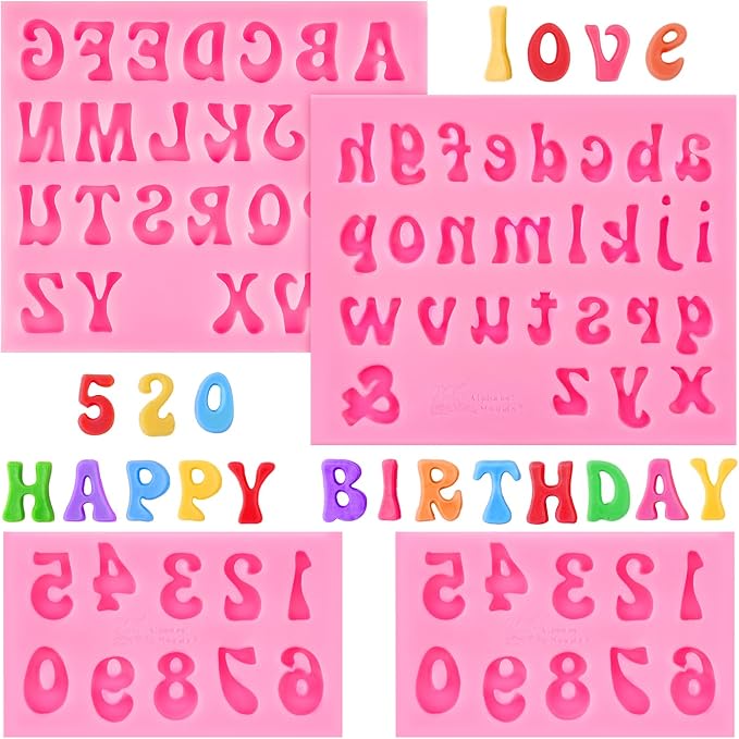 Puyeipt 4 Pcs Silicone Letter Molds for Chocolate, 0-9 Number and 26 Alphabet Letter Molds Fondant Mold for Edible Cake Dessert Decorating