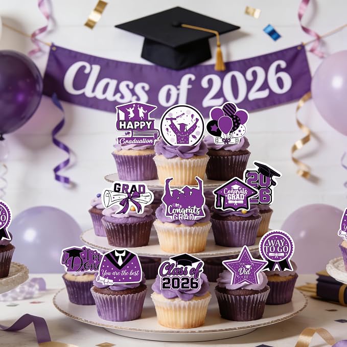 48pcs Edible 2026 Graduation Cupcake Toppers Wafer Paper Purple Class of 2026 Cake Decorations Edible Congrats Grad Cupcake Picks for 2026 Graduation Theme Party Cake Supplies
