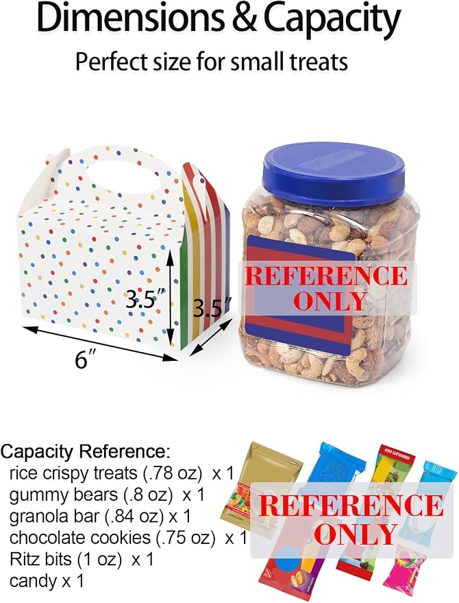 Happyhiram 25 Pcs Favor Boxes for Kids Birthday Box, Polka Dot and Striped Colorful Goodie Treat Boxes with Handles 6" Gable Candy Boxes Paper Gift Boxes for Kids Party Decorations and Supplies