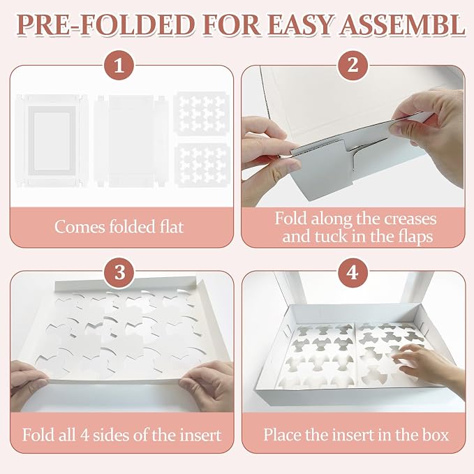 4 Pack Sturdy Corrugated Cupcake Boxes with Window for 24 Standard or Mini Cupcakes, 17.7x11.8x4 Inch Bakery Boxes for Cakes, Cookies, Donuts, Muffins and Pastries