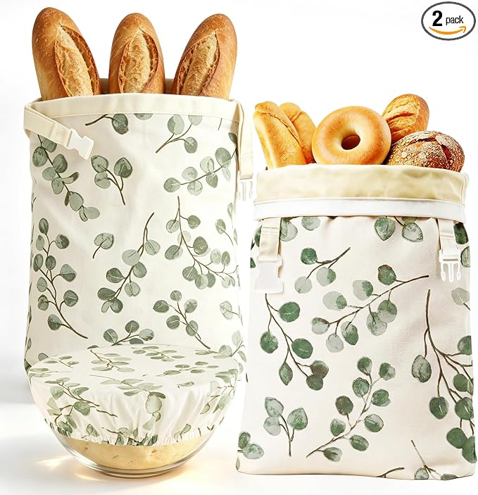Beeswax Bread Bags 2 Pack Reusable Sourdough for Homemade, Large Washable Cotton Linen Food Storage with Removable Wax Liner, Plastic Free 17x13 Inch (Green Leaf)
